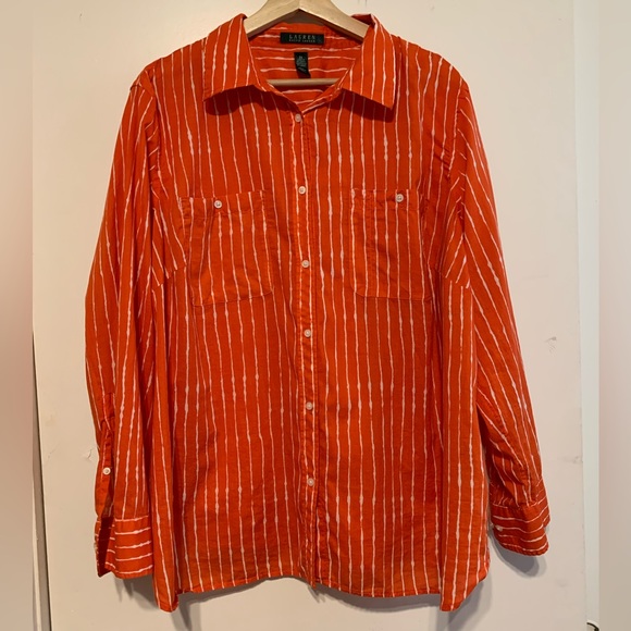 Lauren Ralph Lauren Button Up Orange Striped Cotton Top Size 2X - Picture 1 of 8